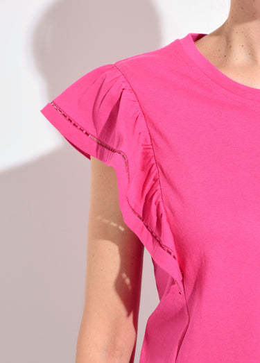 T-shirt manches courtes volantées ajourées Fuchsia