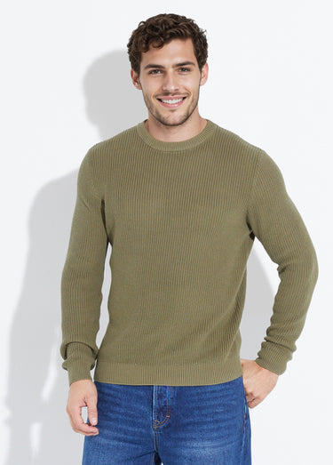 Pull col rond maille torsadée pur coton Kaki