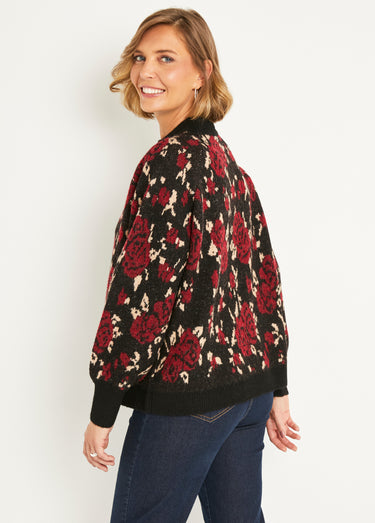 Pull chaud col montant raglan jacquard fleuri Noir/Rouge