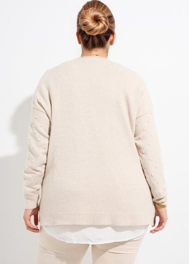 Pull col V maille fantaisie à pois Ecru