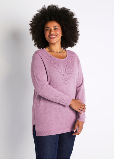 Pull-tunique chiné ajouré col rond Chine Parme