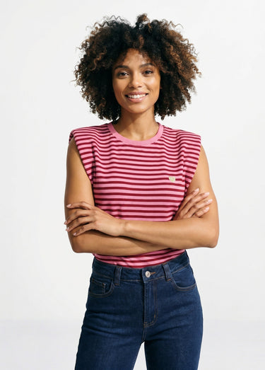 T-shirt maille fantaisie, broderie coeur Rose/Rouge
