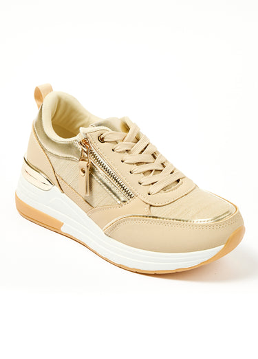 Baskets multi matières semelle compensée Beige