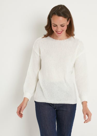 Pull court ample col rond grosse maille Ecru