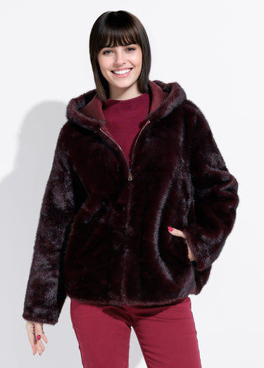 Blouson en fausse fourrure à capuche Bordeaux