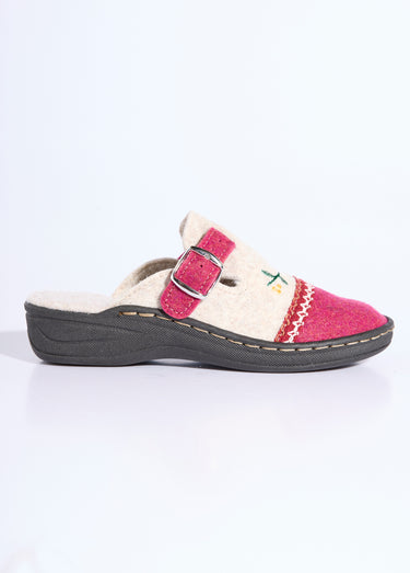 Chaussons mules brodés largeur confort Beige/Bordeaux