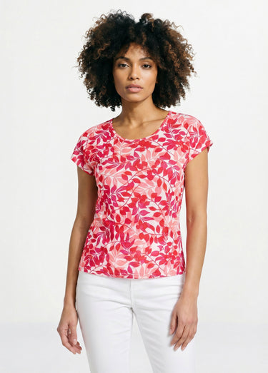 T-shirt manches courtes imprimé feuillage col rond Rouge/Rose