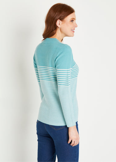 Pull court col montant maille côtelée Aqua/Ecru