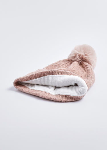 Bonnet à côtes et pompon, avec laine Rose