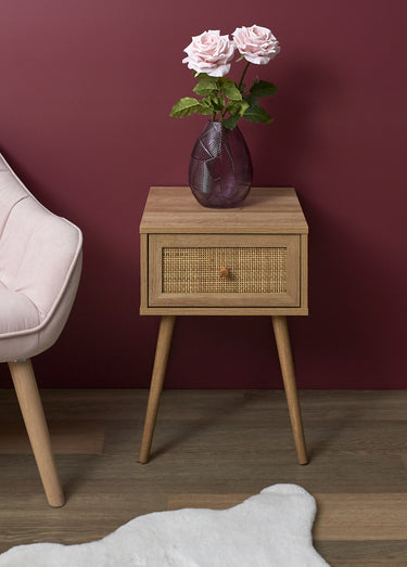 Table de chevet 1 tiroir bois et cannage Marron