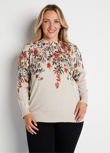 Pull imprimé avec strass col montant Fond Beige