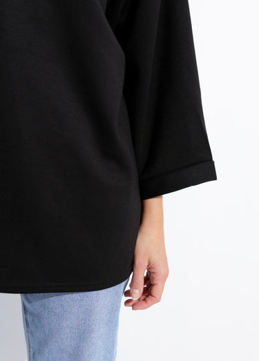 Sweat shirt large col rond, manches 3/4 Noir