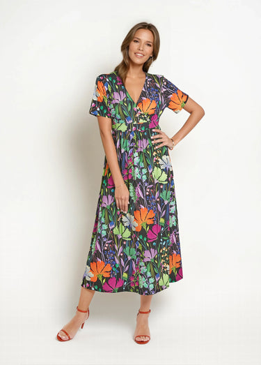 Robe longue fluide manches courtes, fleuri Imprime Fond Noir