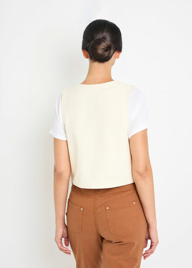 Gilet sans manches broderies et perles Ecru