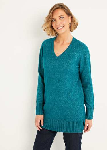 Pull tunique chiné long col V avec laine Canard