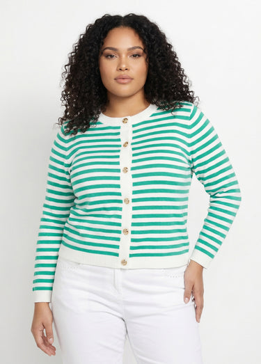 Gilet cardigan court col rond rayé boutonné Raye Vert