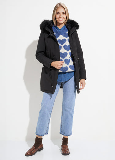 Parka chaude fourrure capuche amovible Noir