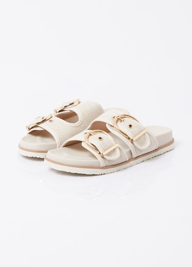 Mules chic tissu natté et boucles métal Beige
