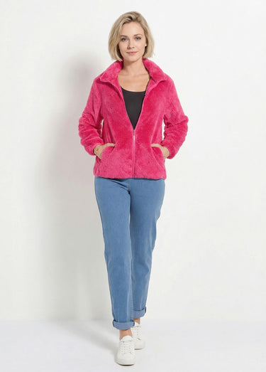 Veste fausse fourrure col montant manches longues Fuchsia