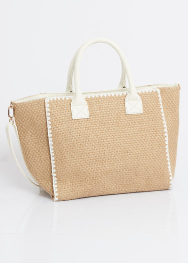 Sac trapèze en jute, poignées coton Blanc