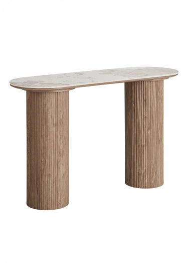 Console pieds rainurés, dessus céramique Blanc/Marron
