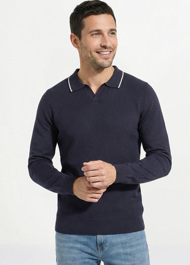 Pull maille texturée fine jauge col polo Marine