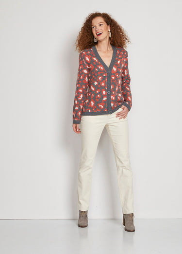 Gilet court boutonné jacquard léopard Gris/Tomette