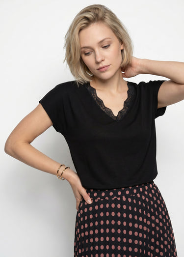 T-shirt court extensible dentelle Noir