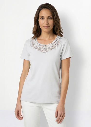 T-shirt macramé coton uni manches courtes Blanc