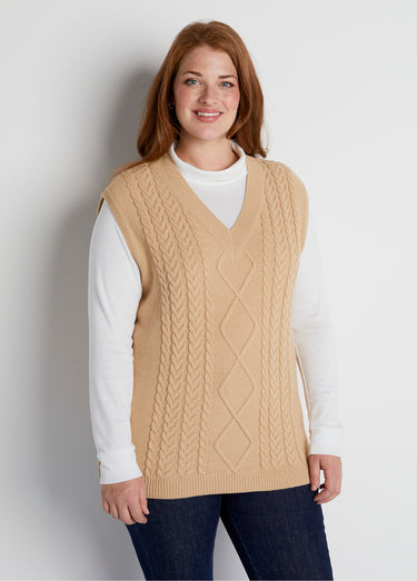 Pull col V sans manches maille fantaisie Beige