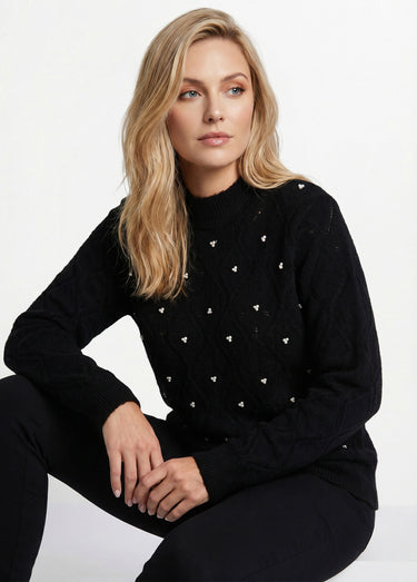 Pull doux ajouré perlé col montant Noir