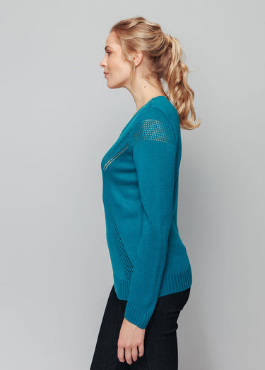Pull bijou maille filet strass col V Vert lagon