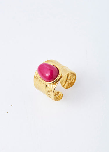 Bague feuille acier inox avec pierre Fuchsia