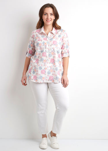 Chemisier boutonné long coton imprimé fleurs Imprime/Rose