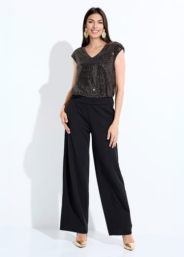 Combi-pantalon bi-matière sequins dorés Noir/Dore