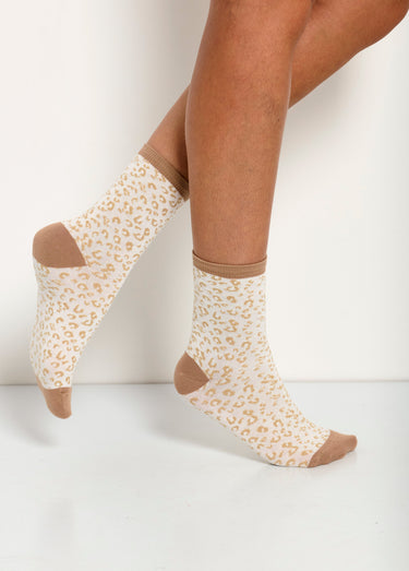 Mi-chaussettes bord cotes, motif léopard Ivoire Lot3