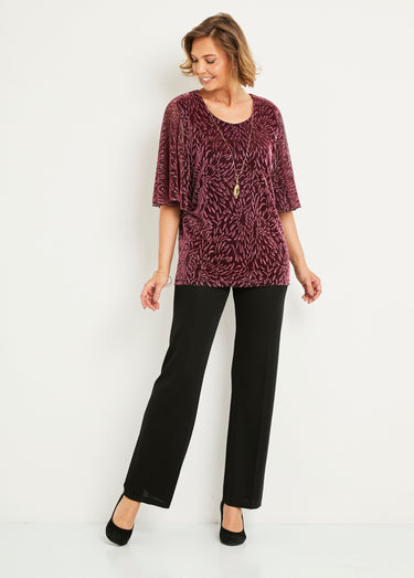 T-shirt top long maille résille imprimée col rond Rose