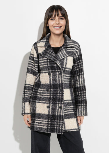 Caban carreaux long façon laine bouclée Noir/Ecru