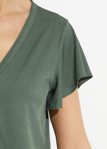 T-shirt col V jersey cotelé, Essentiel Kaki