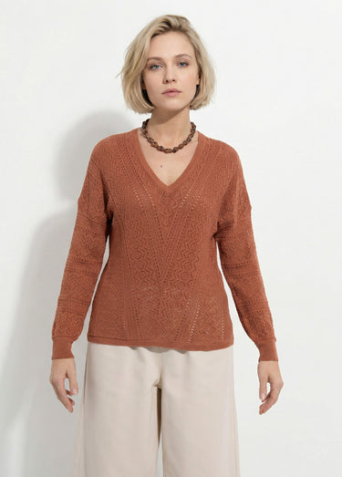Pull maille ajourée col V Noisette