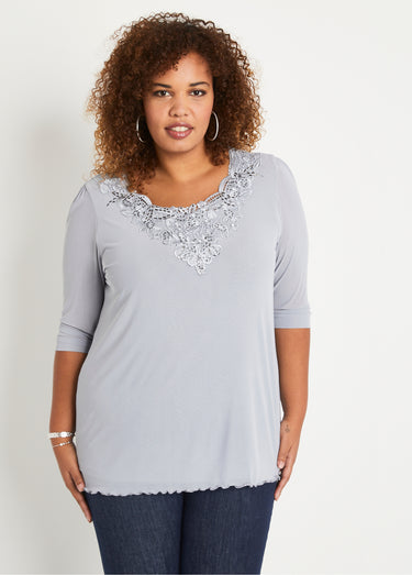 T-shirt long ample résille brodée Argent