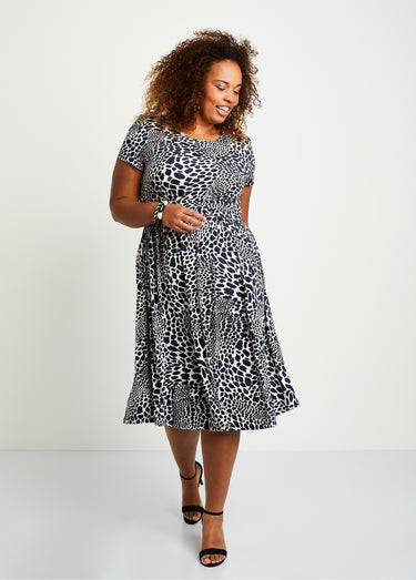 Robe imprimée drapée évasée courte Ecru/Marine
