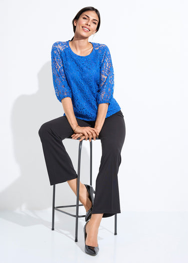T-shirt dentelle col rond manches 3/4 raglan Bleu Dur