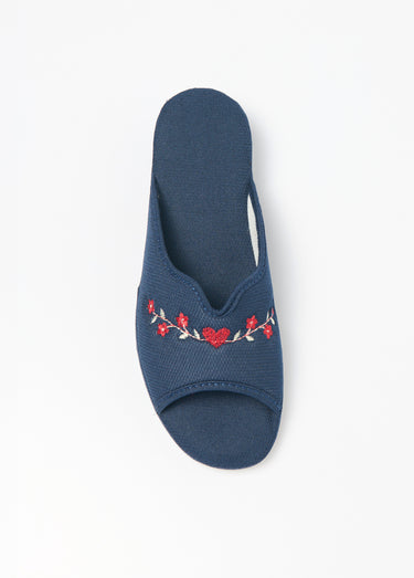 Chaussons mules brodées, talon compensé Marine