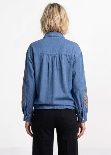 Chemise denim manches brodées et sequins Bleu Stone