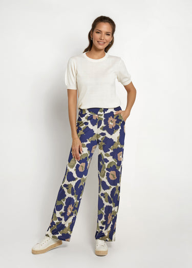 Pantalon fluide stretch, fleuri stylisé Marine/Kaki