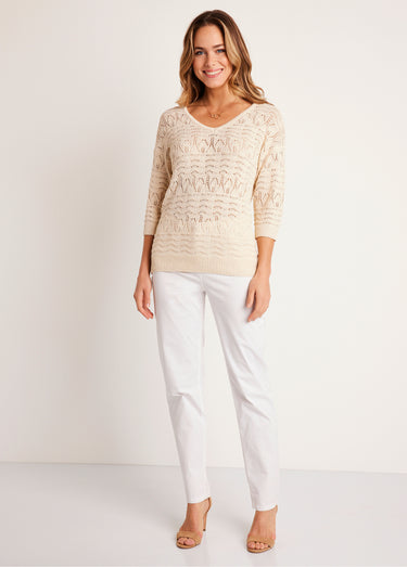 Pull manches 3/4 motif ajouré col V Ficelle