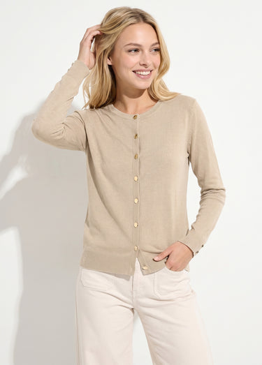 Gilet fin col rond boutonné jersey uni avec laine mérinos Ficelle
