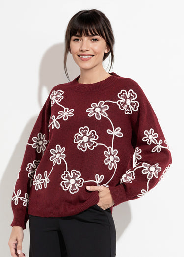 Pull montant application fleurs brodées Bordeaux