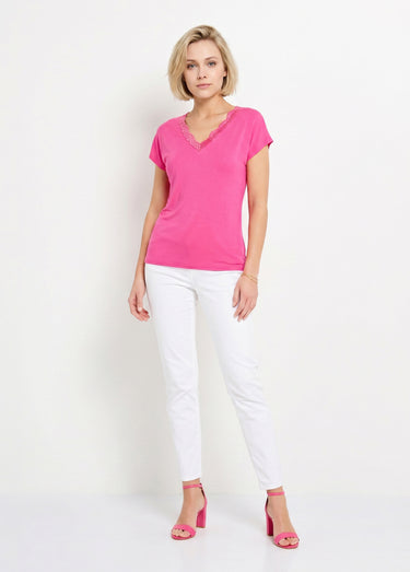 T-shirt court extensible dentelle Fuchsia